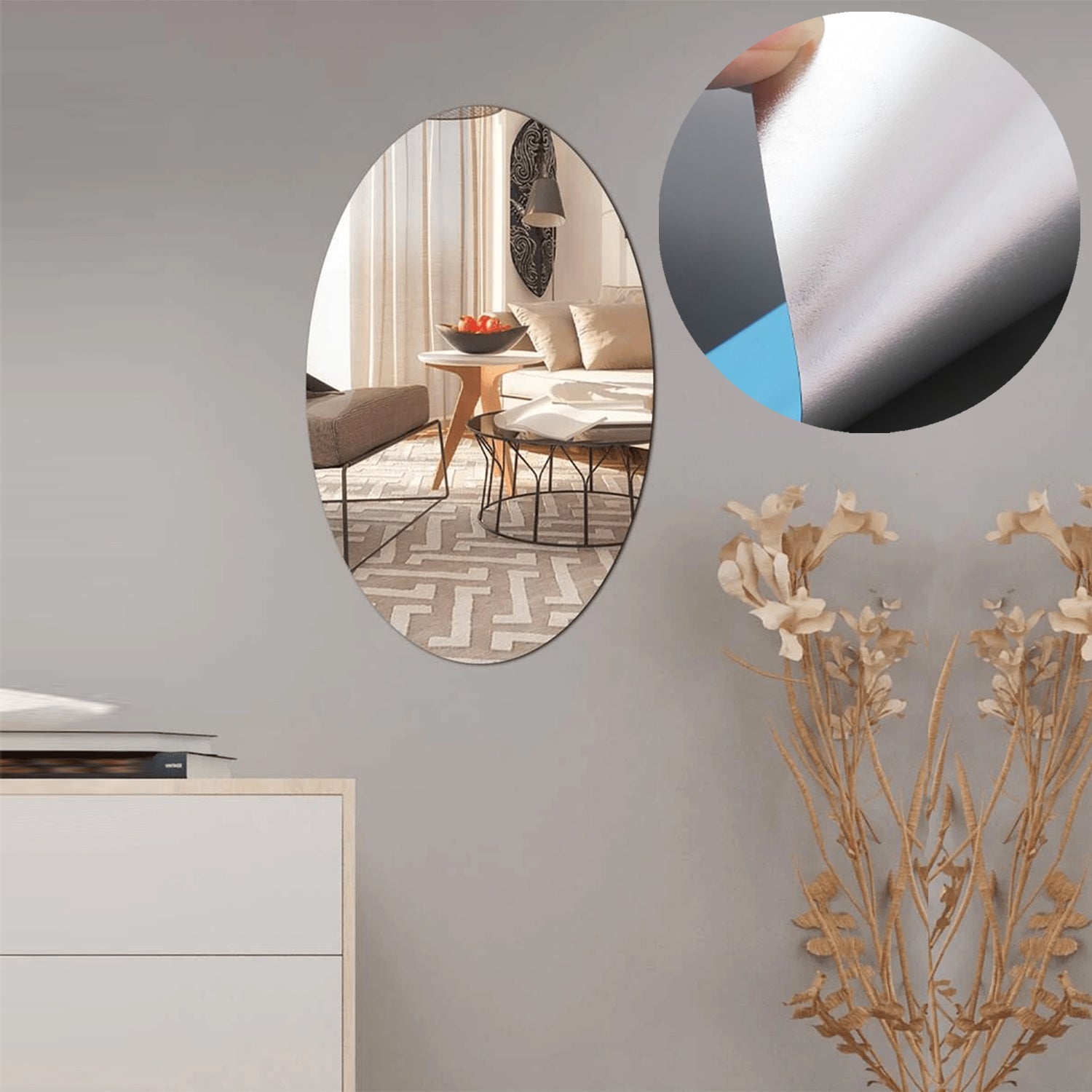Wukusy 1795 oval-shaped 3D mirror sticker set, suitable for household and official use, includes two reflective adhesive stickers.