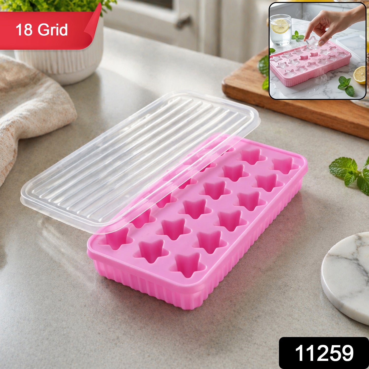 Wukusy 18-grid star-shaped ice cube tray with lid, showing star-shaped ice cubes and clear plastic lid on a kitchen surface.