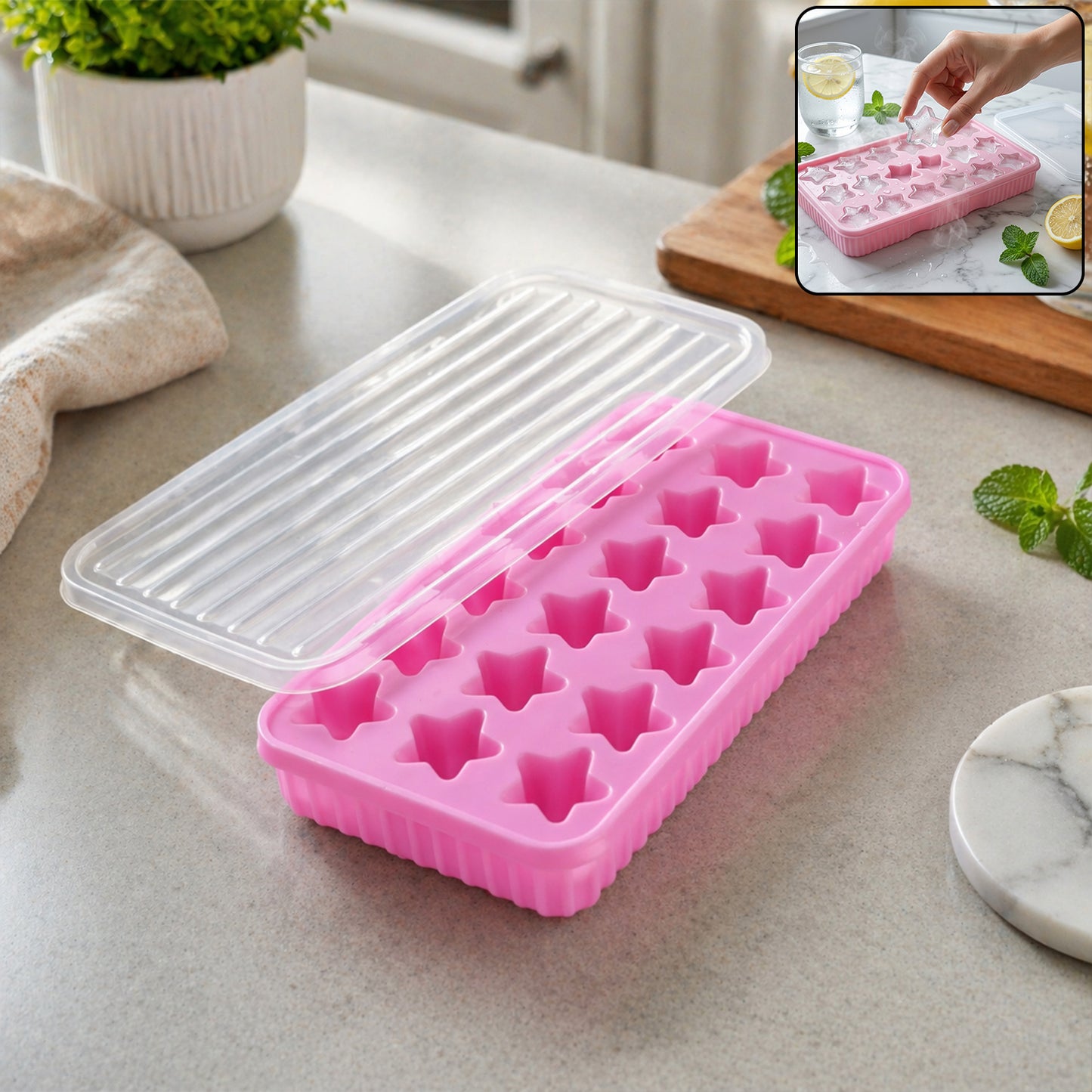 Wukusy 18-grid star-shaped ice cube tray with lid, showing star-shaped ice cubes and transparent plastic lid.