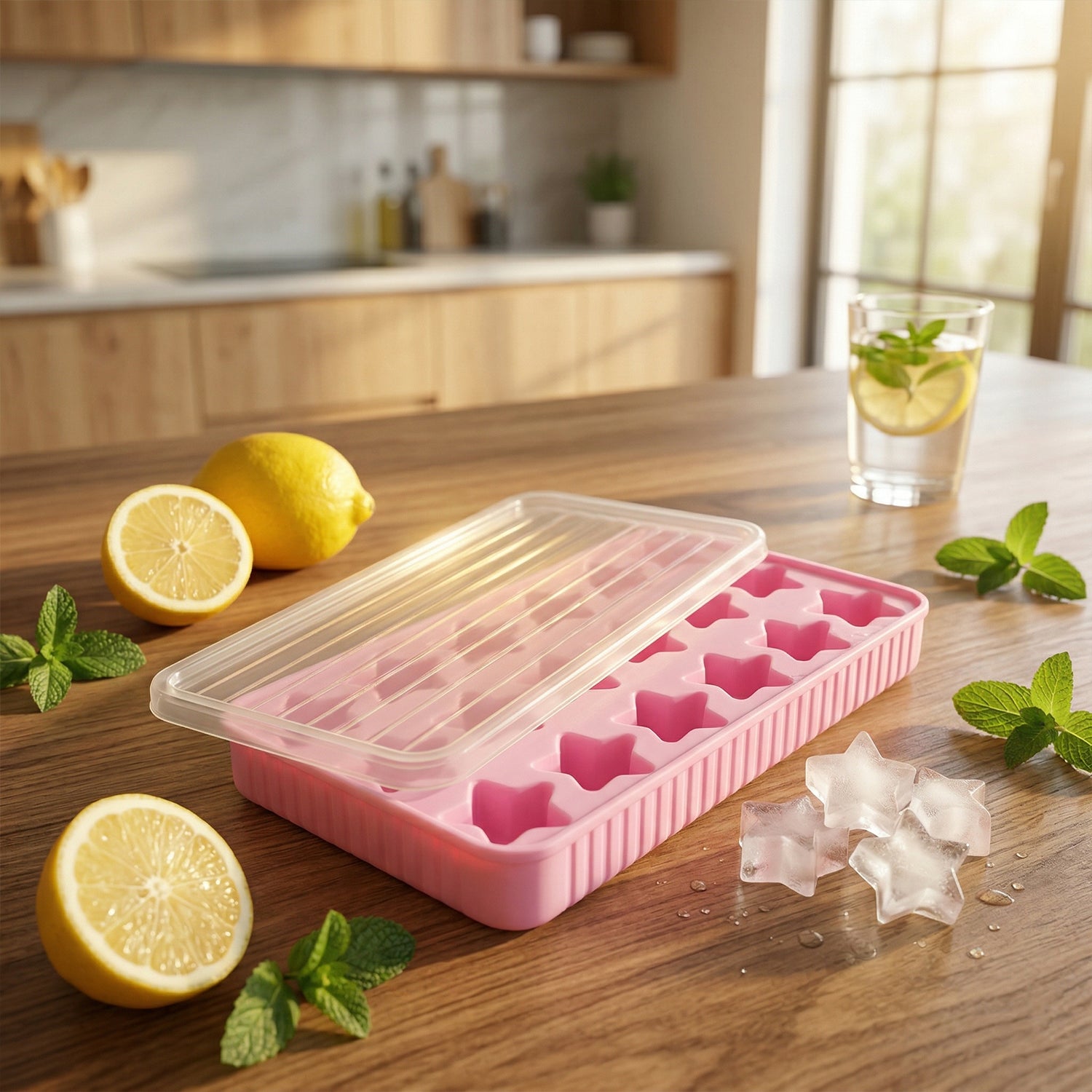 Wukusy 18-grid star-shaped ice cube tray with lid, showing star-shaped ice cubes inside the tray on a white background.
