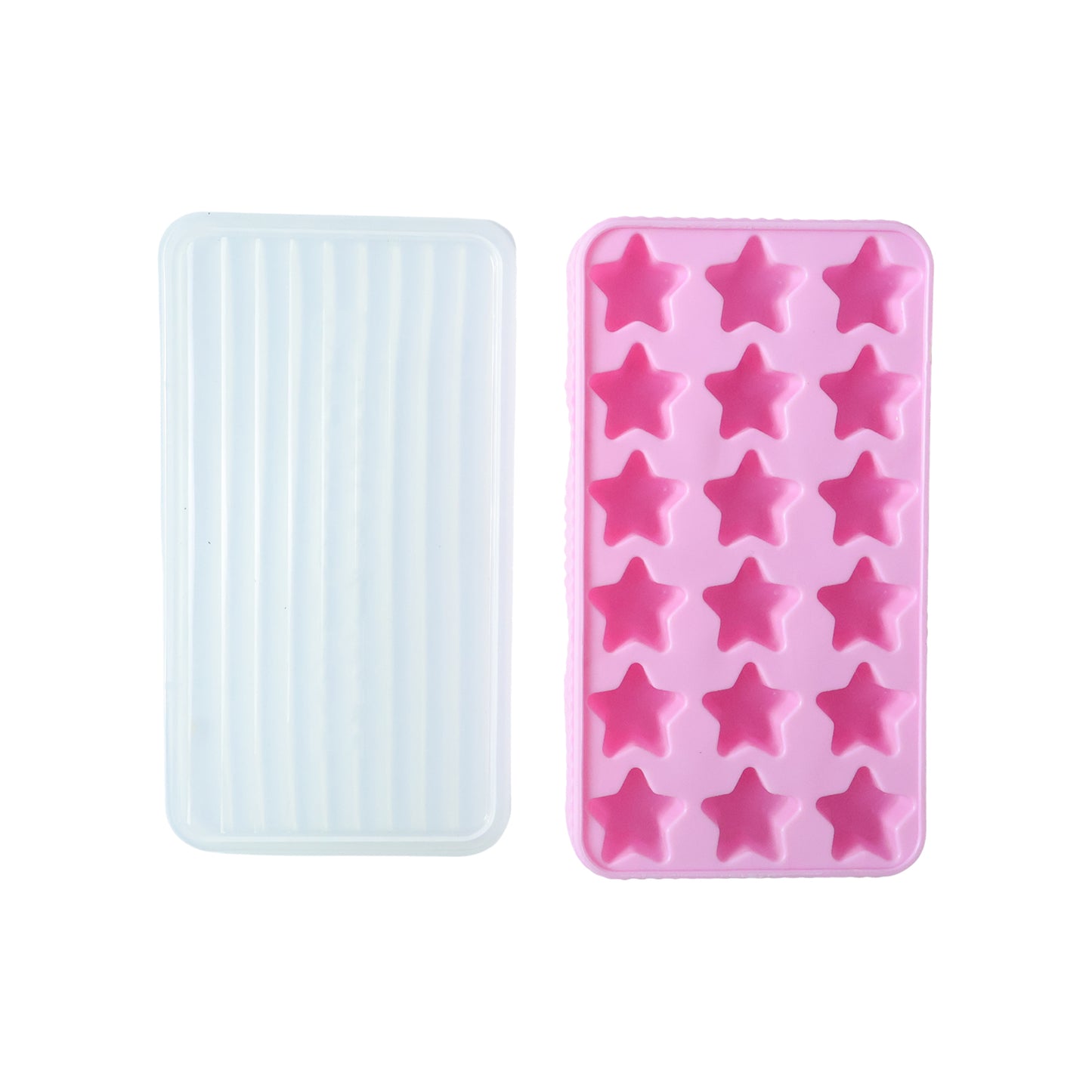 Wukusy 18-grid star-shaped ice cube tray with lid showing star-shaped ice cubes and clear plastic lid on a kitchen surface.