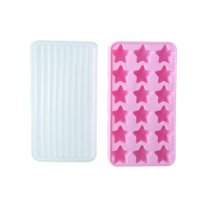 Wukusy 18-grid star-shaped ice cube tray with lid showing star-shaped ice cubes and clear plastic lid on a kitchen surface.