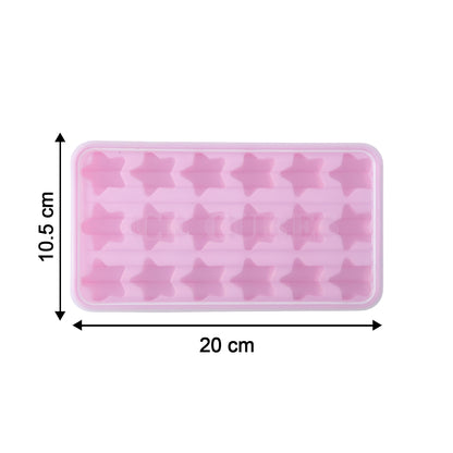 Wukusy 18-grid star-shaped ice cube tray with lid, showing star-shaped ice cubes and a clear plastic lid on a kitchen surface.