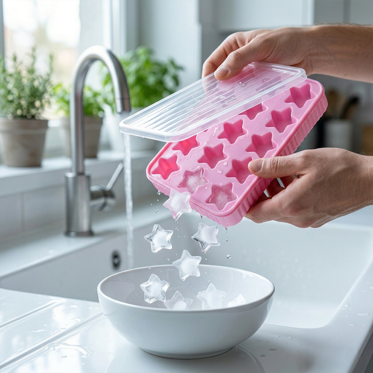 Wukusy 18-grid star-shaped ice cube tray with lid, showing the tray filled with star-shaped ice cubes on a kitchen countertop