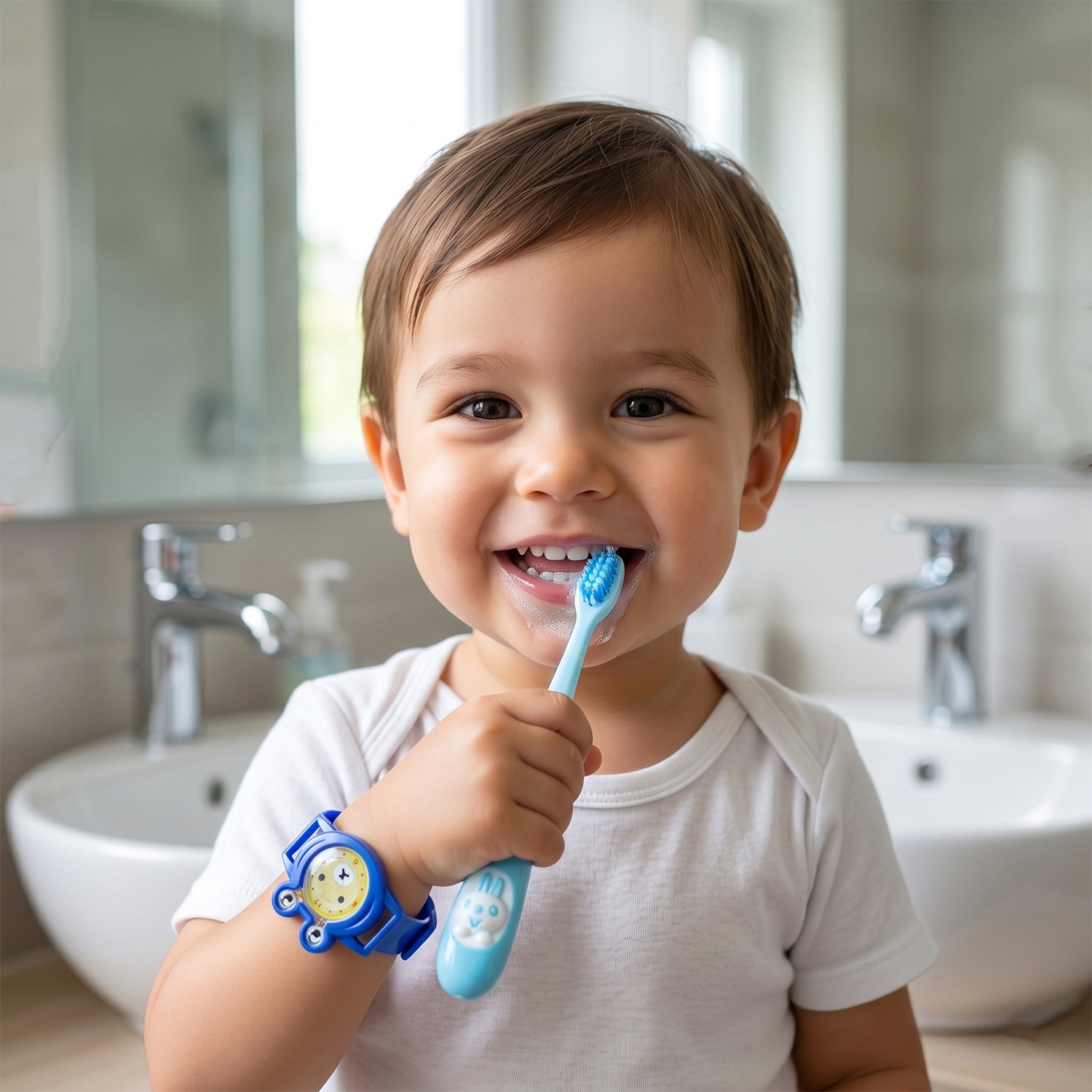 Wukusy 2-in-1 kids toothbrush set with cartoon watch toy, featuring colorful toothbrushes and fun watch toys for children.