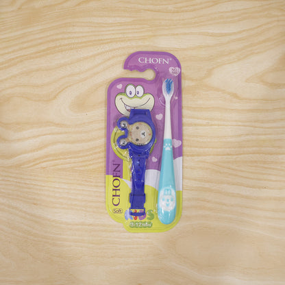 Wukusy 2-in-1 kids toothbrush set with cartoon watch toy, featuring colorful handles and playful design for children.