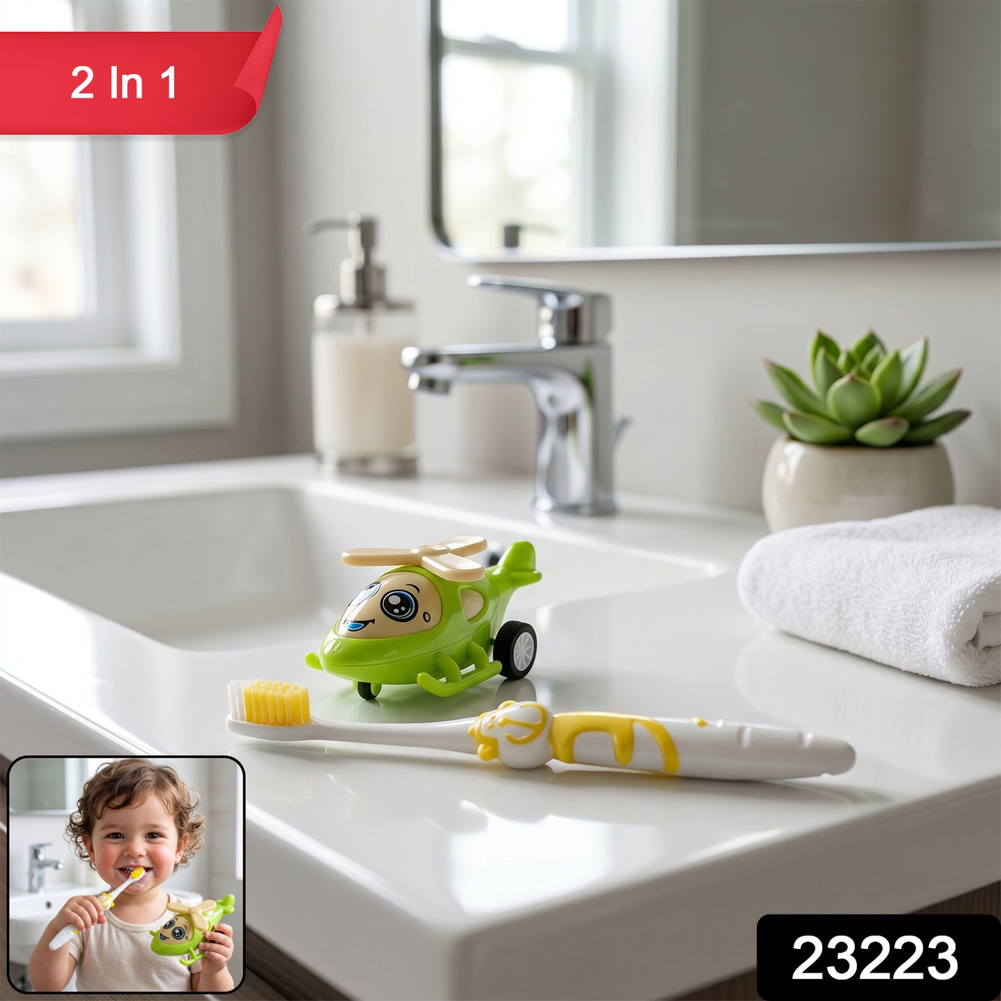 Wukusy 2-in-1 kids toothbrush set with fun helicopter toy, featuring colorful handles and playful design for childrenâ€™s oral care.
