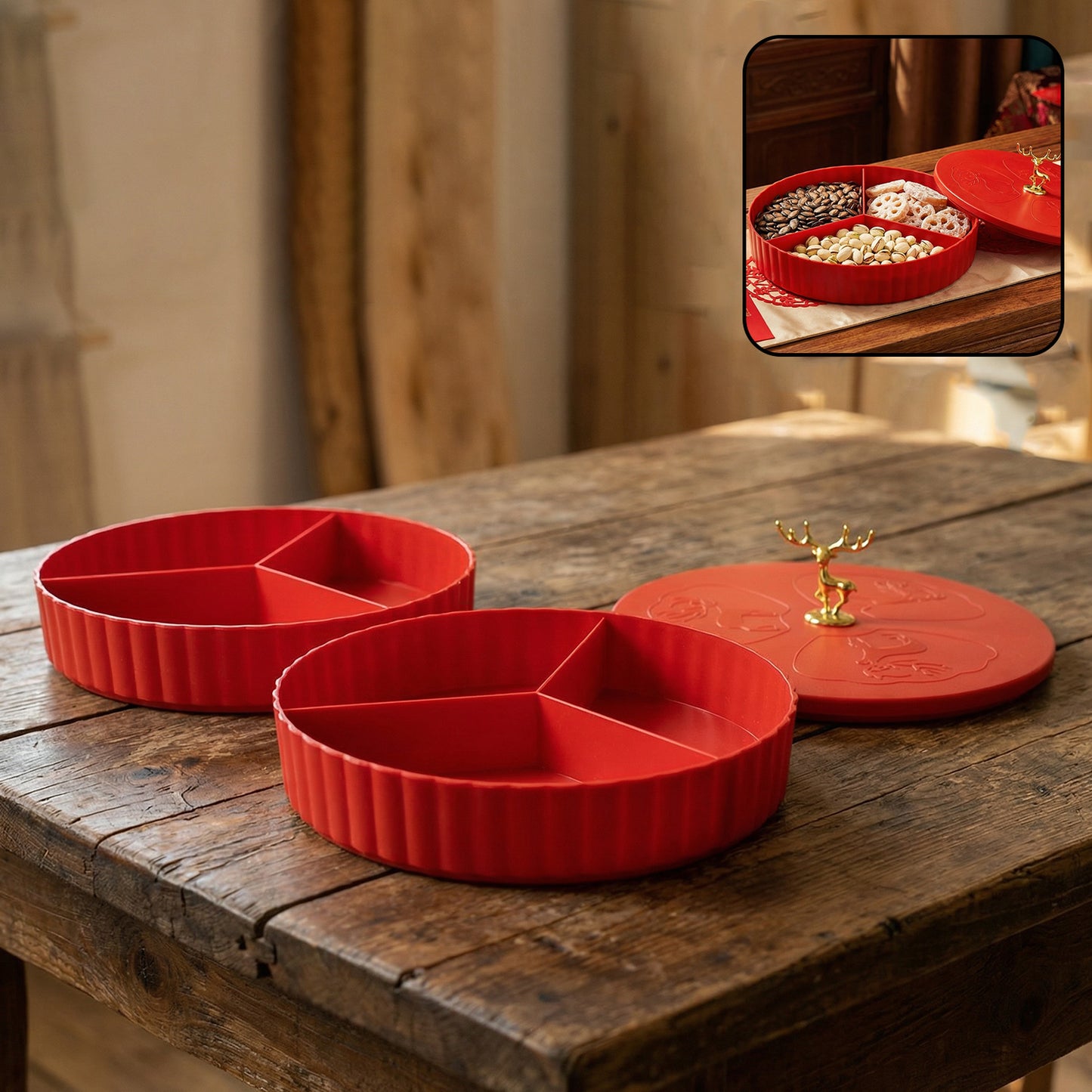 Wukusy 2-layer decorative dry fruit and snack serving tray with multiple compartments for dry fruits and snacks.