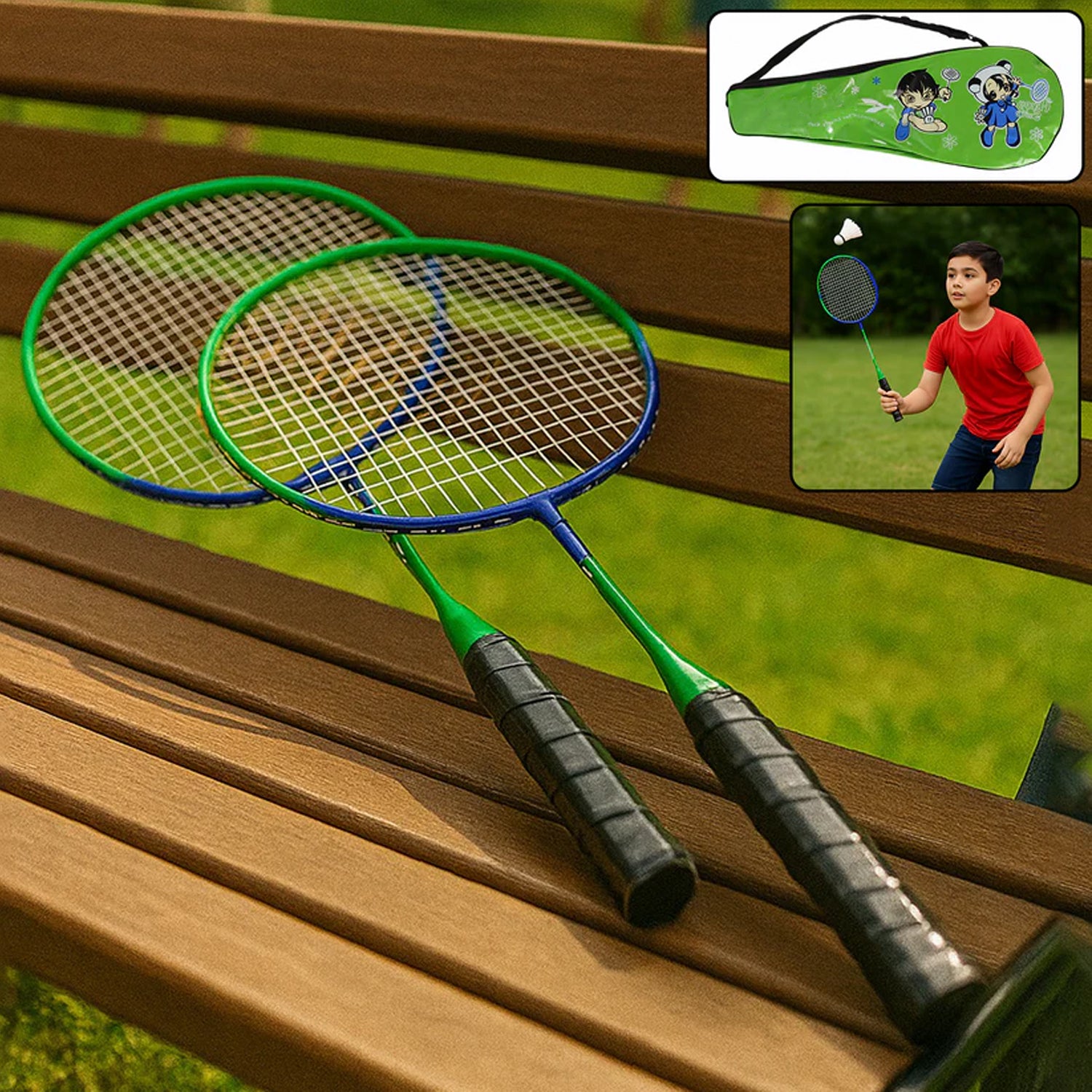 Wukusy 2-piece lightweight kids badminton racket set with carrying bag, featuring colorful rackets suitable for young players.