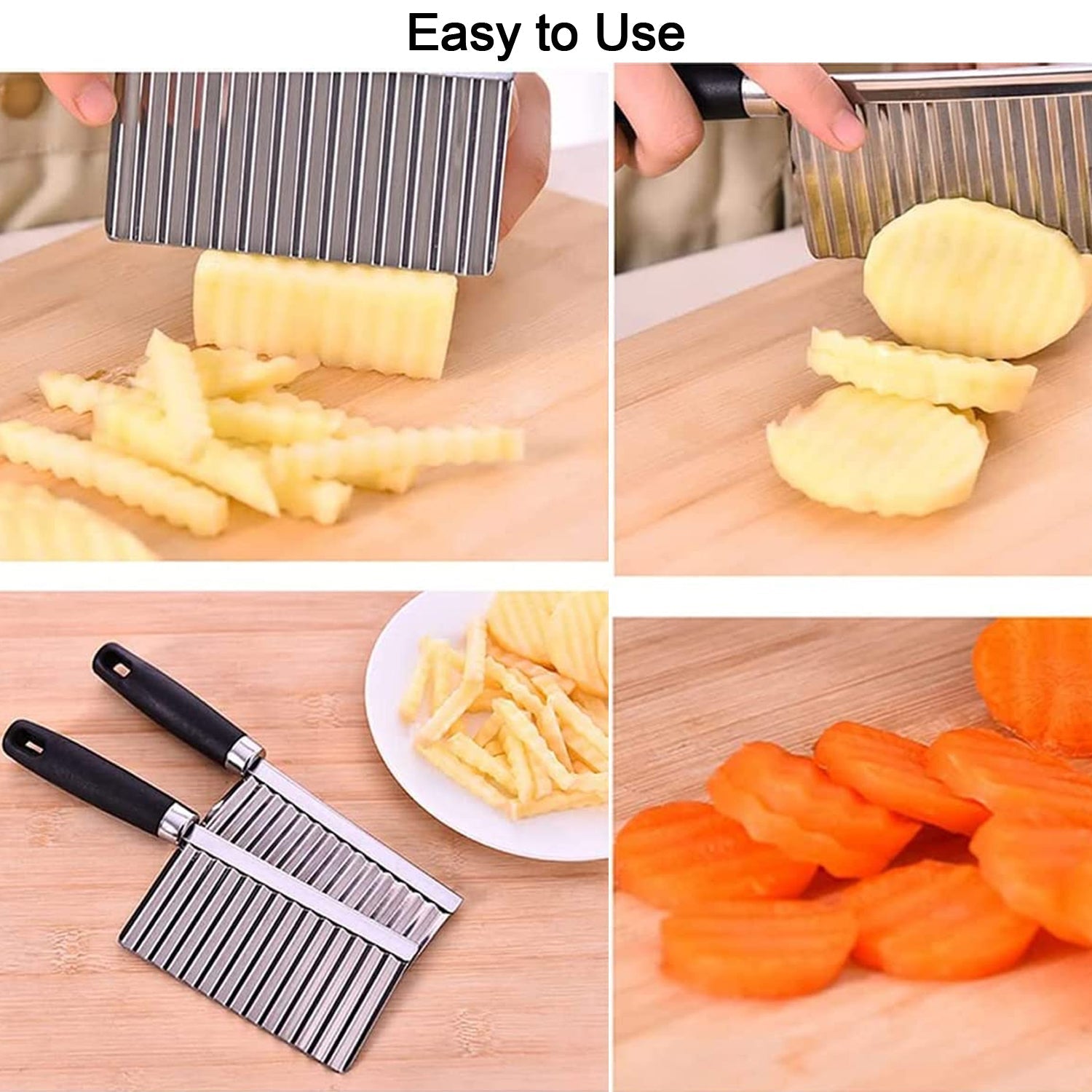 Wukusy 2007 stainless steel vegetable salad chopping knife with crinkle cutters for slicing vegetables and creating textured salad toppings.
