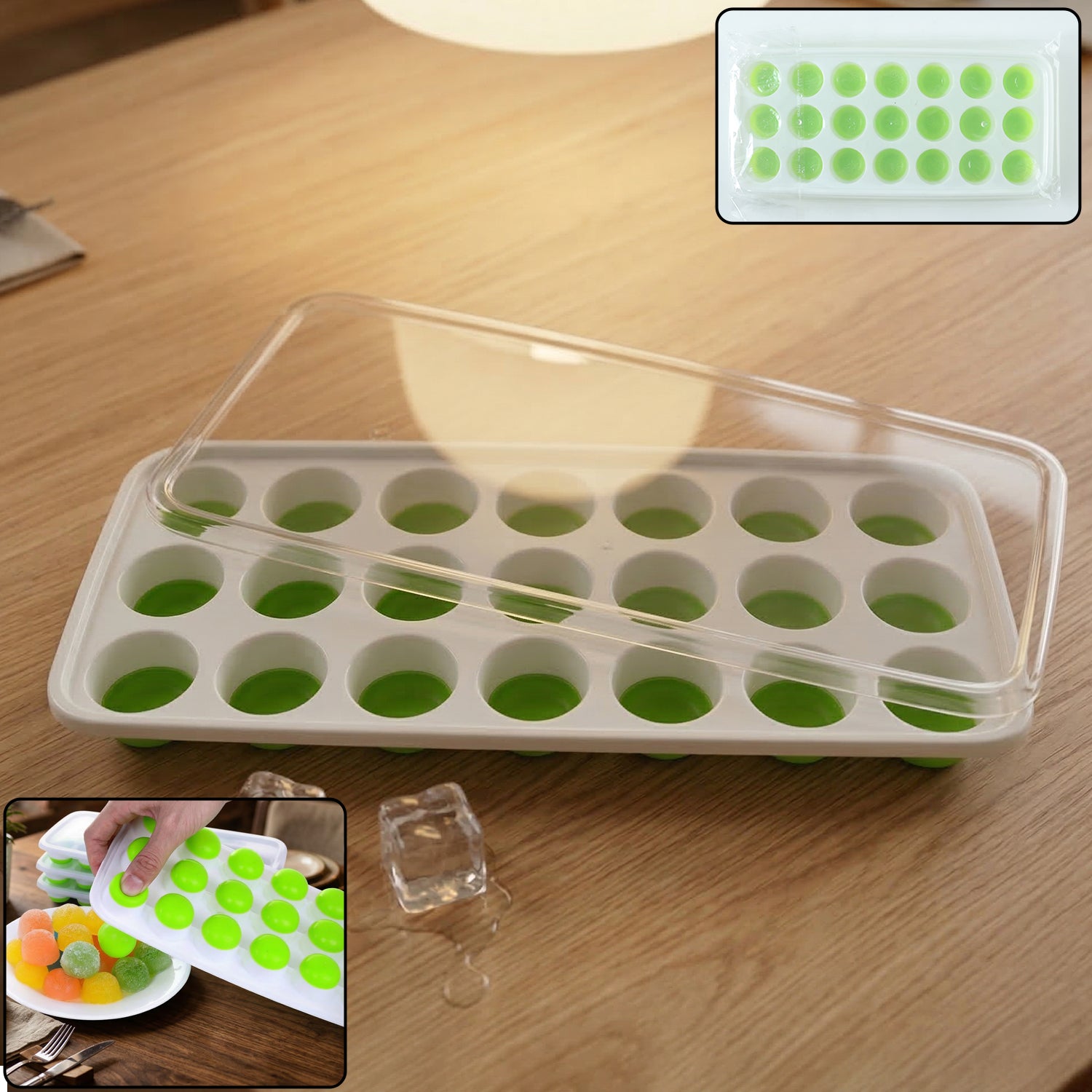 Wukusy 21-grid plastic round ice cube tray with lid, showing the tray filled with round ice cubes and the clear plastic lid on top.