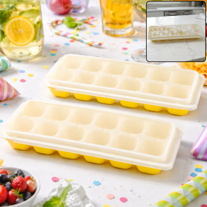 Wukusy 24-grid pop-up ice cube tray set with lids, showing two black plastic trays filled with ice cubes and lids on a kitchen counter.