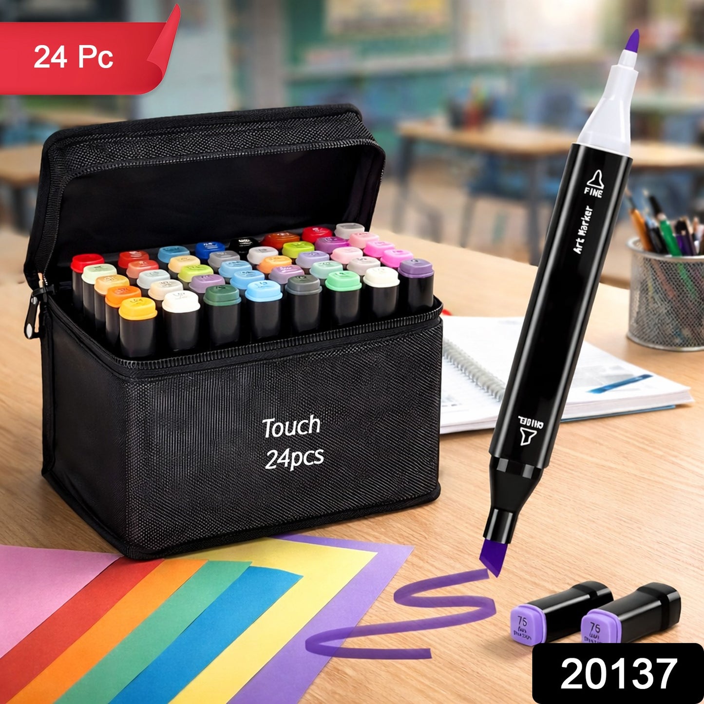 Wukusy 24-piece dual tip sketch marker pen set with storage pouch, showing colorful markers arranged inside a pouch.