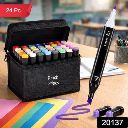 Wukusy 24-piece dual tip sketch marker pen set with storage pouch, showing colorful markers arranged inside a pouch.