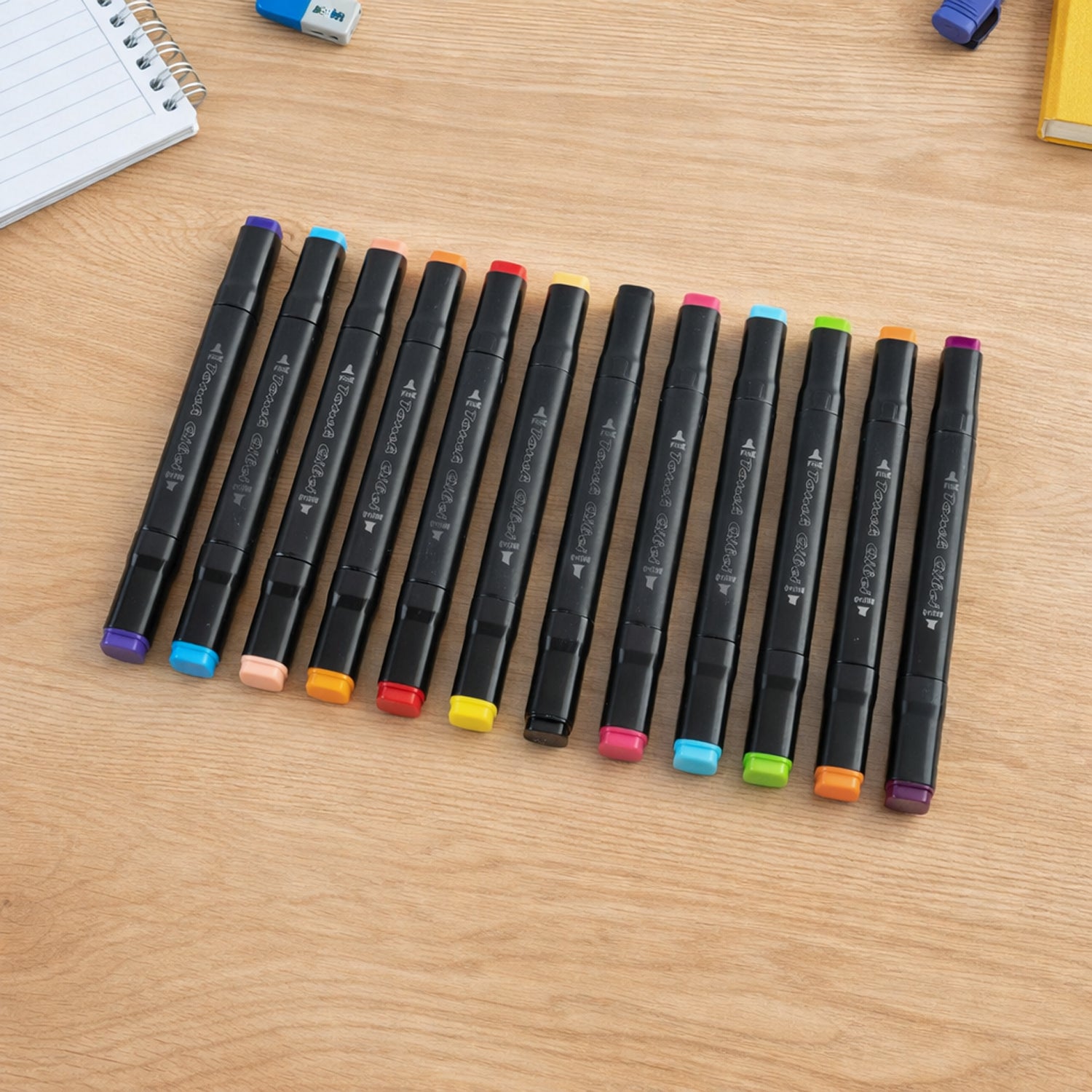 Wukusy 24-piece dual tip sketch marker pen set with storage pouch, showing colorful markers arranged in the pouch.