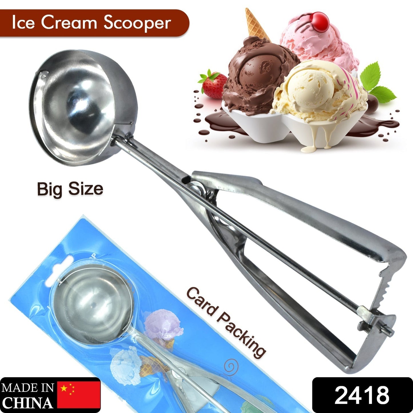 Wukusy 2418 stainless steel ice cream serving scoop with trigger release, premium quality ice cream spoon and scooper.