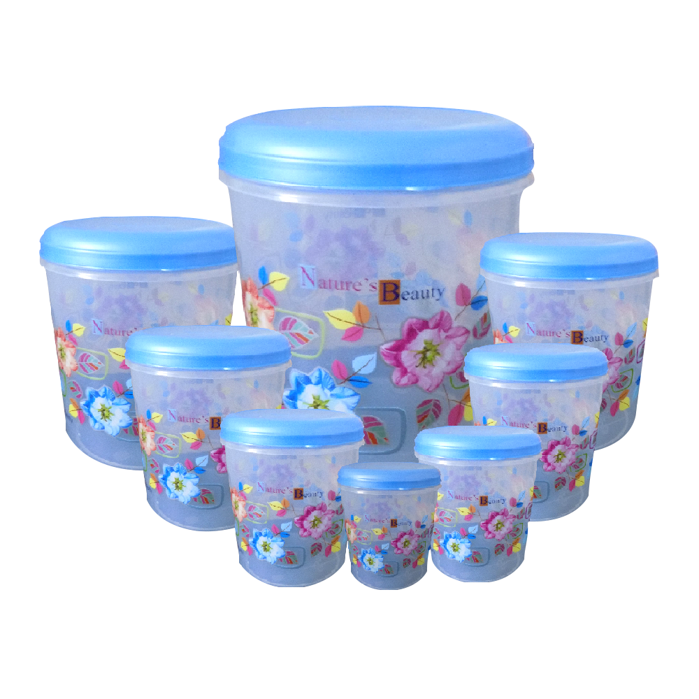Wukusy 2448 air-tight plastic transparent container set with 10,000ml, 7,000ml, 5,000ml, 3,000ml, 2,000ml, 1,000ml, 750ml, and 500ml containers.