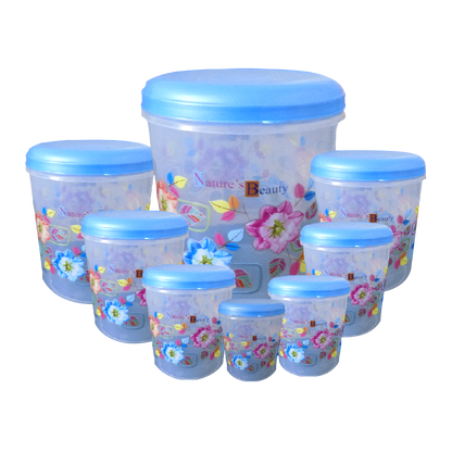 Wukusy 2448 air-tight plastic transparent container set with 10,000ml, 7,000ml, 5,000ml, 3,000ml, 2,000ml, 1,000ml, 750ml, and 500ml containers.