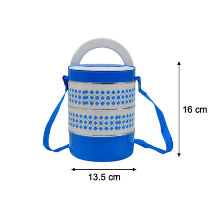 Blue Wukusy 3-layer insulated tiffin lunch box with adjustable containers, perfect for keeping food fresh and organized.