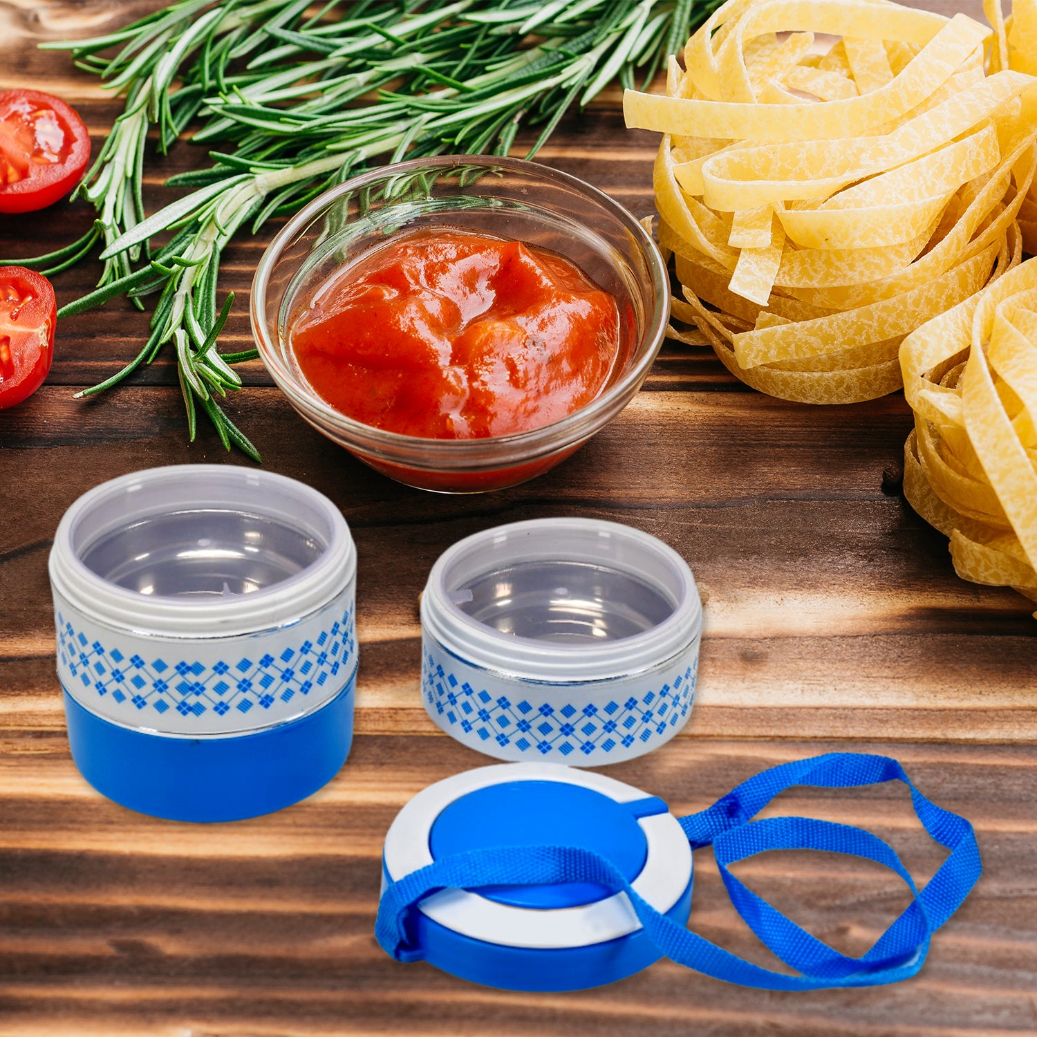 Blue Wukusy 3-layer insulated tiffin lunch box with adjustable containers for hot or cold meals, featuring three stacking containers.