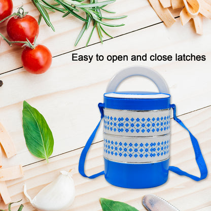 Blue Wukusy 3-layer adjustable insulated tiffin set with three containers for lunch and food storage.