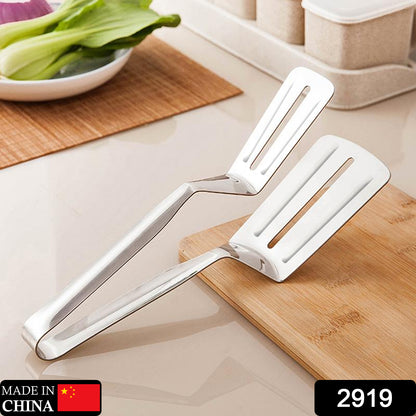 Wukusy 2919 stainless steel multifunction cooking serving turner and food tongs with steak clip clamp for BBQ and kitchen use.