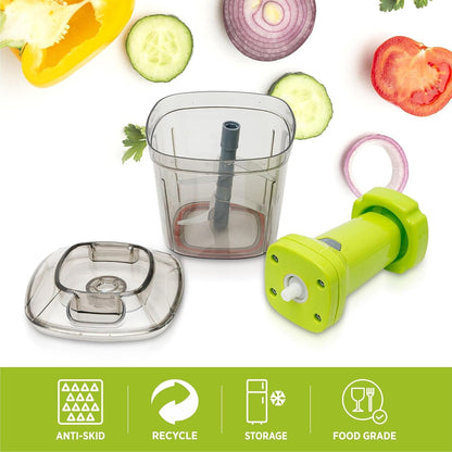 Wukusy 2-in-1 press vegetable chopper for kitchen, 1100 ml capacity, with stainless steel blades and ergonomic handle.