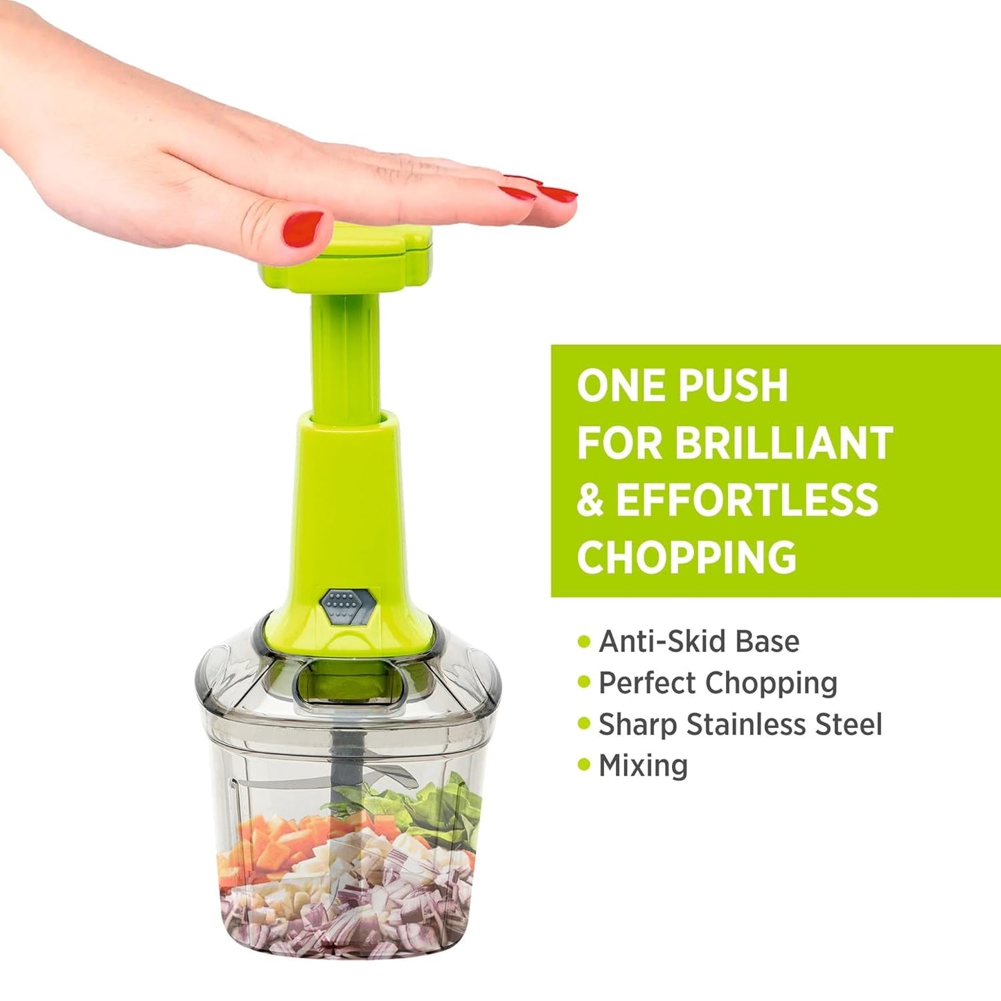 Wukusy 2-in-1 press vegetable chopper for kitchen, 1100 ml capacity, with stainless steel blades and ergonomic handle.