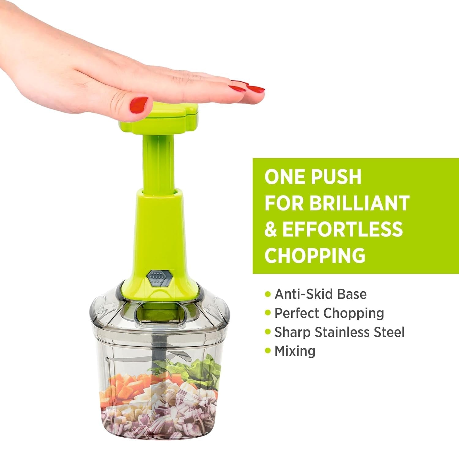 Wukusy 2-in-1 press vegetable chopper for kitchen, 1100 ml capacity, with stainless steel blades and ergonomic handle.
