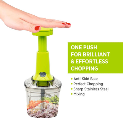 Wukusy 2-in-1 press vegetable chopper for kitchen, 1100 ml capacity, with stainless steel blades and ergonomic handle.