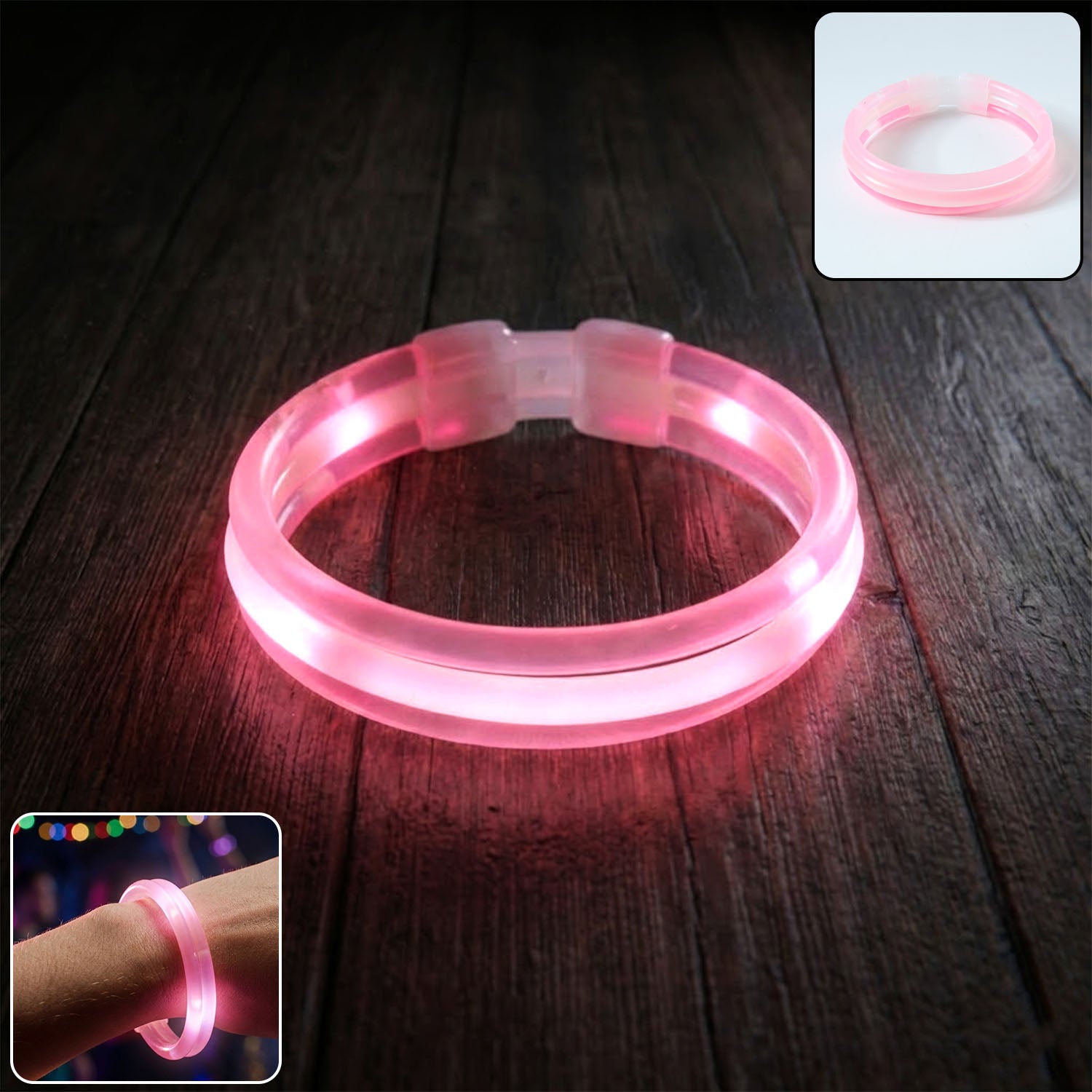 Wukusy 3-in-1 Glow Bracelet showing colorful glowing lights and adjustable strap on a white background.