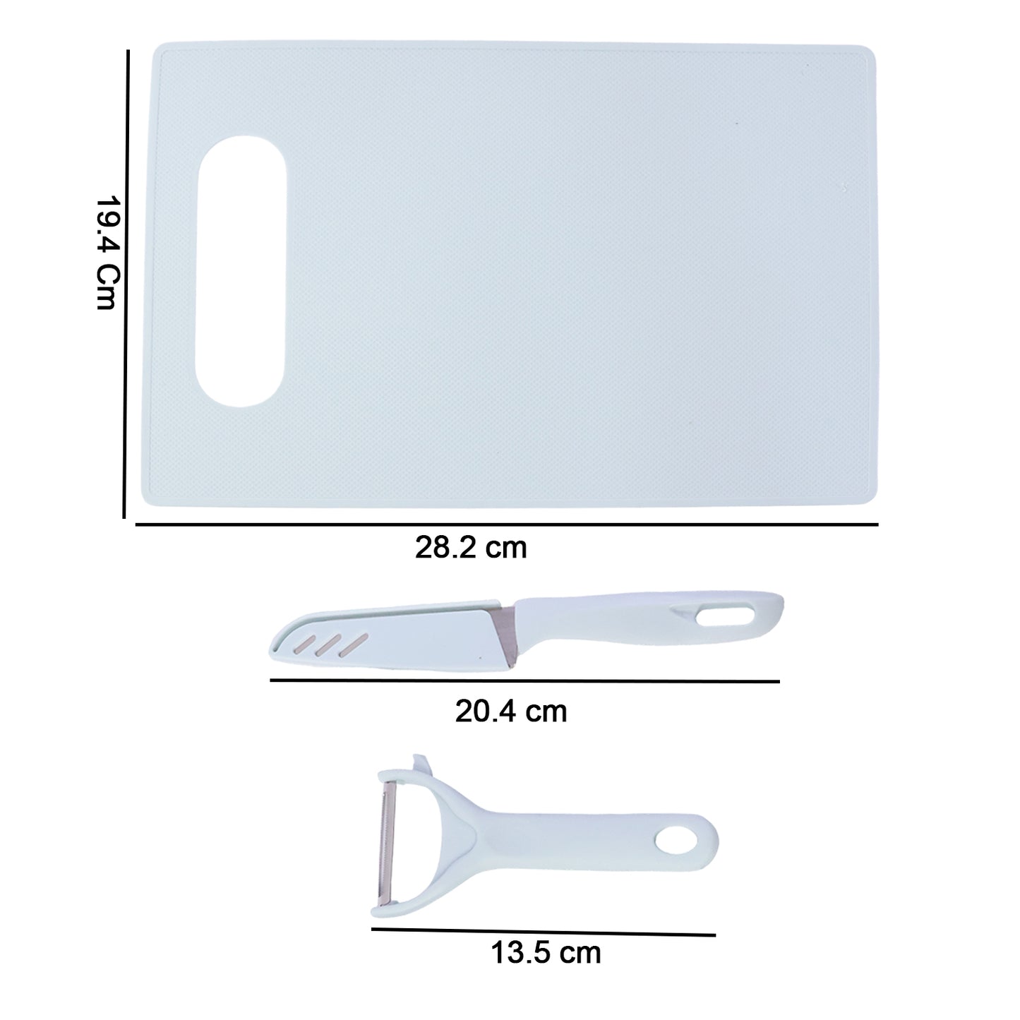 Wukusy 3-in-1 kitchen knife and chopping board set, including a chef's knife, paring knife, and wooden chopping board.