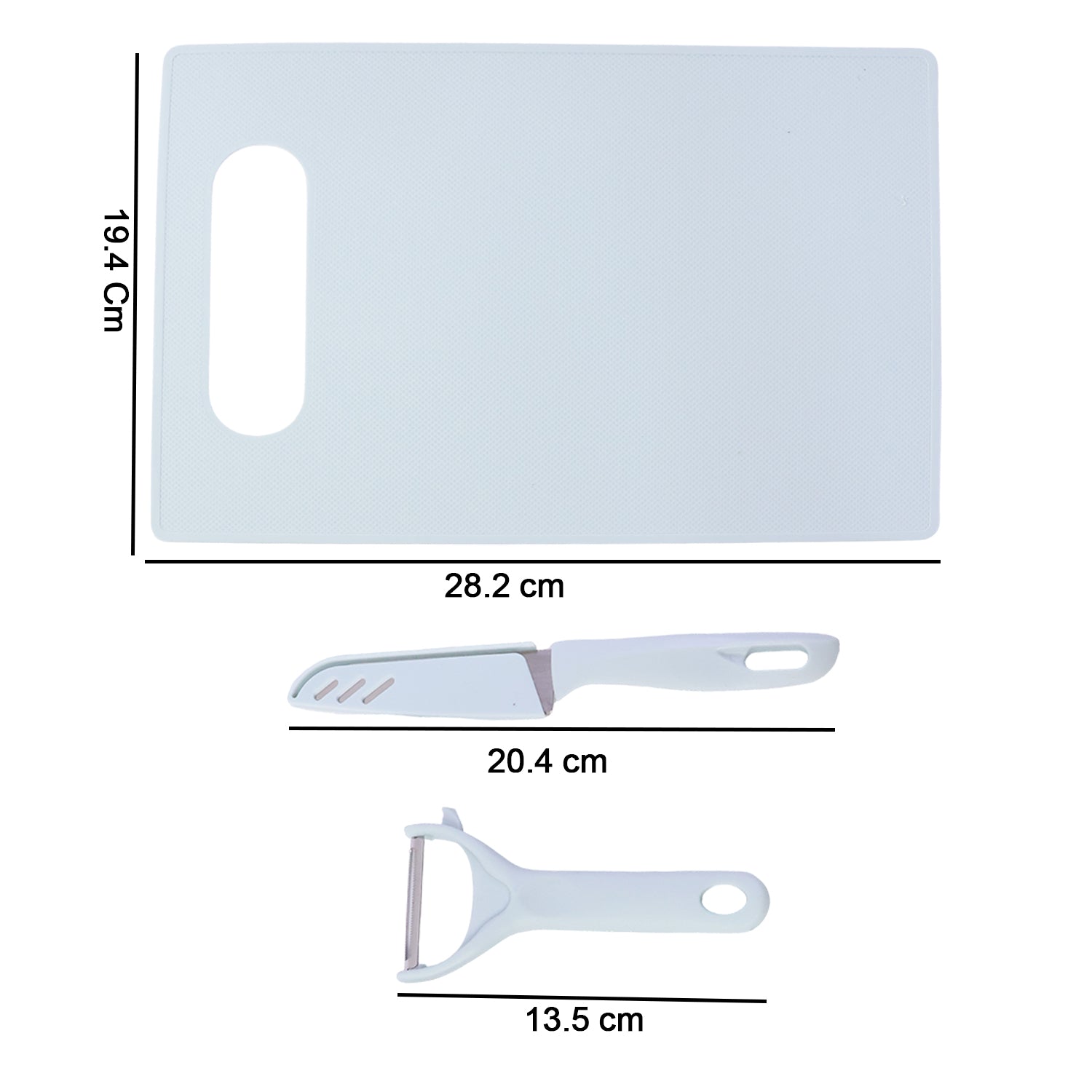 Wukusy 3-in-1 kitchen knife and chopping board set, including a chef's knife, paring knife, and wooden chopping board.