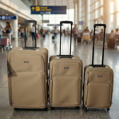 Wukusy 3-in-1 soft side trolley luggage set with three lightweight, durable suitcases for travel and convenient packing.