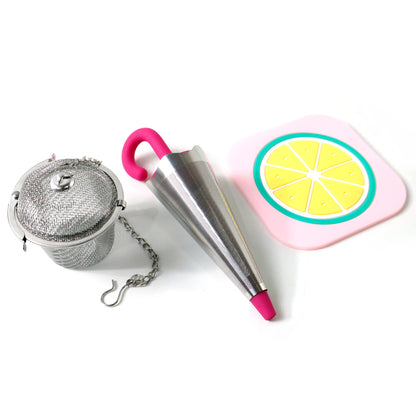 Wukusy 3 in 1 tea and coffee accessories combo set with teapot, cups, and utensils on a wooden table.