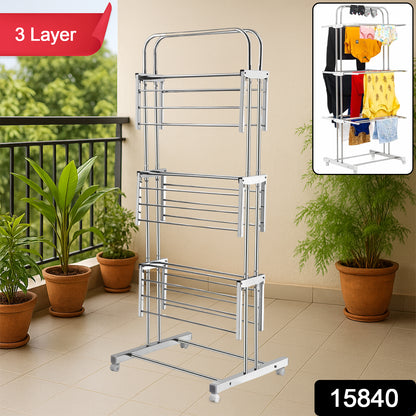 Wukusy 3-layer foldable stainless steel cloth drying stand with wheels, featuring multiple drying bars and a sturdy frame.