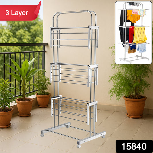 Wukusy 3-layer foldable stainless steel cloth drying stand with wheels, featuring multiple drying bars and a sturdy frame.