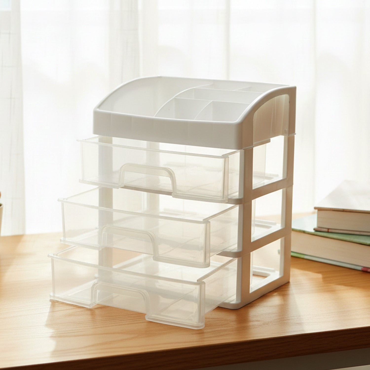Wukusy 3-layer multipurpose desktop storage organizer with compartments for office supplies and stationery.
