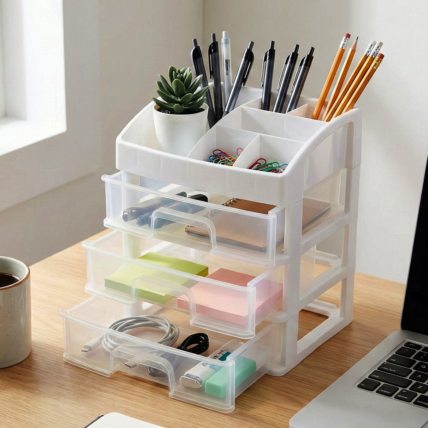 Wukusy 3-layer multipurpose desktop storage organizer with compartments for office supplies and stationery.