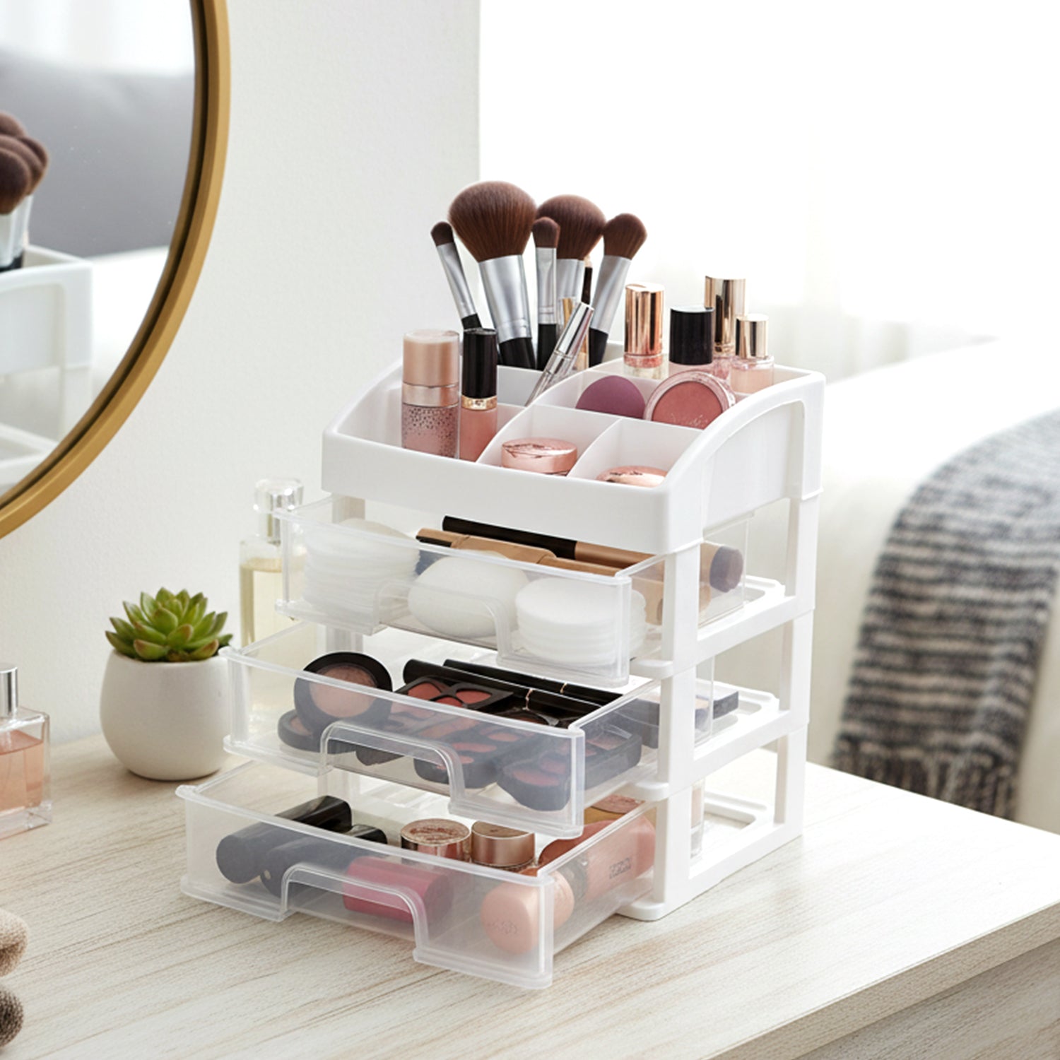 Wukusy 3-layer multipurpose desktop storage organizer with compartments for office supplies and organization.