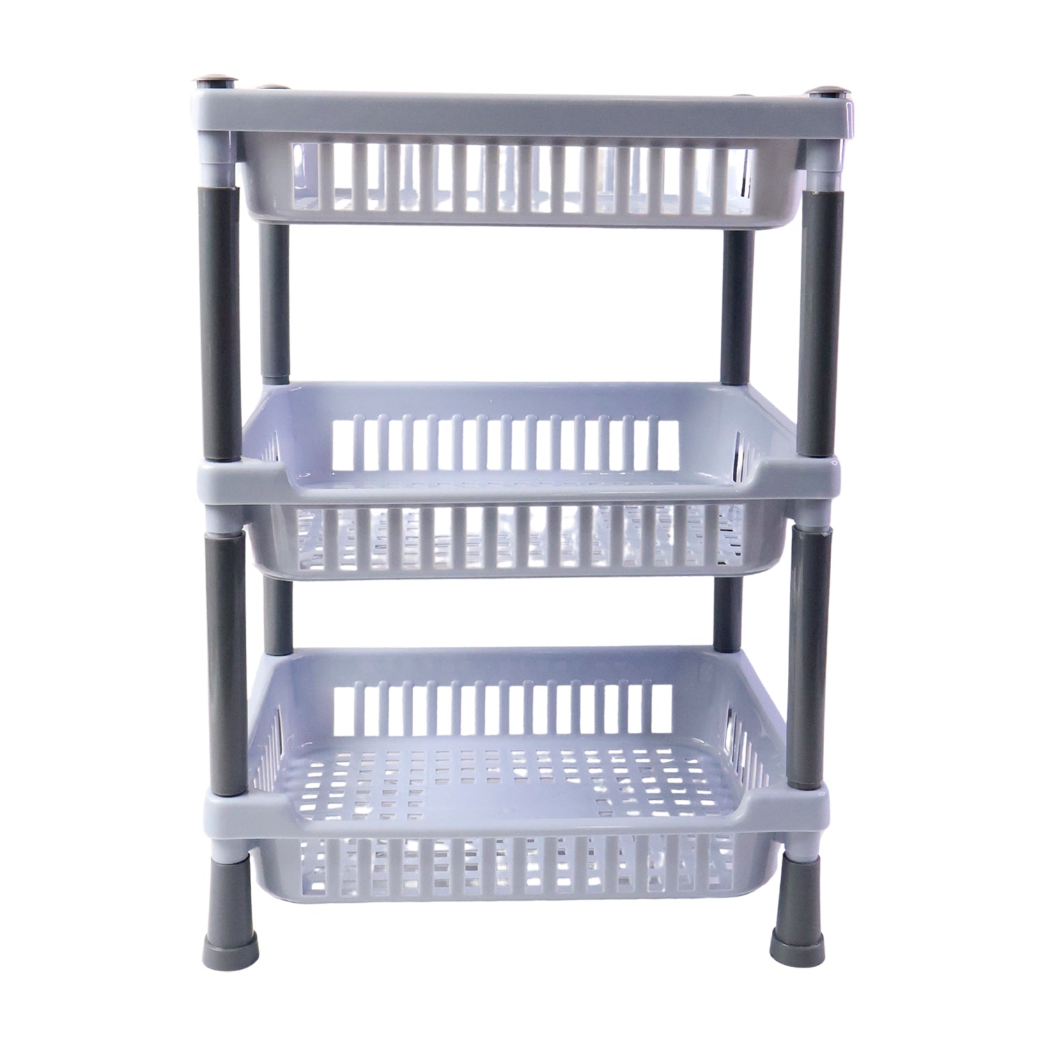 Wukusy 3-layer multipurpose kitchen storage basket rack with wire shelves for organizing kitchen essentials and utensils.