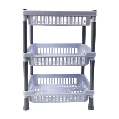 Wukusy 3-layer multipurpose kitchen storage basket rack with wire shelves for organizing kitchen essentials and utensils.