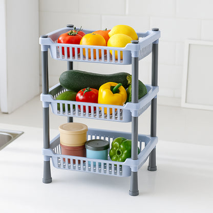 Wukusy 3-layer multipurpose kitchen storage basket rack with metal frame and plastic shelves for organized kitchen storage.