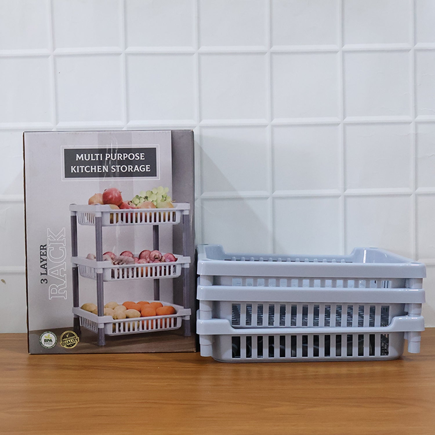 Wukusy 3-layer multipurpose kitchen storage basket rack with metal frame and adjustable shelves for organized kitchen storage