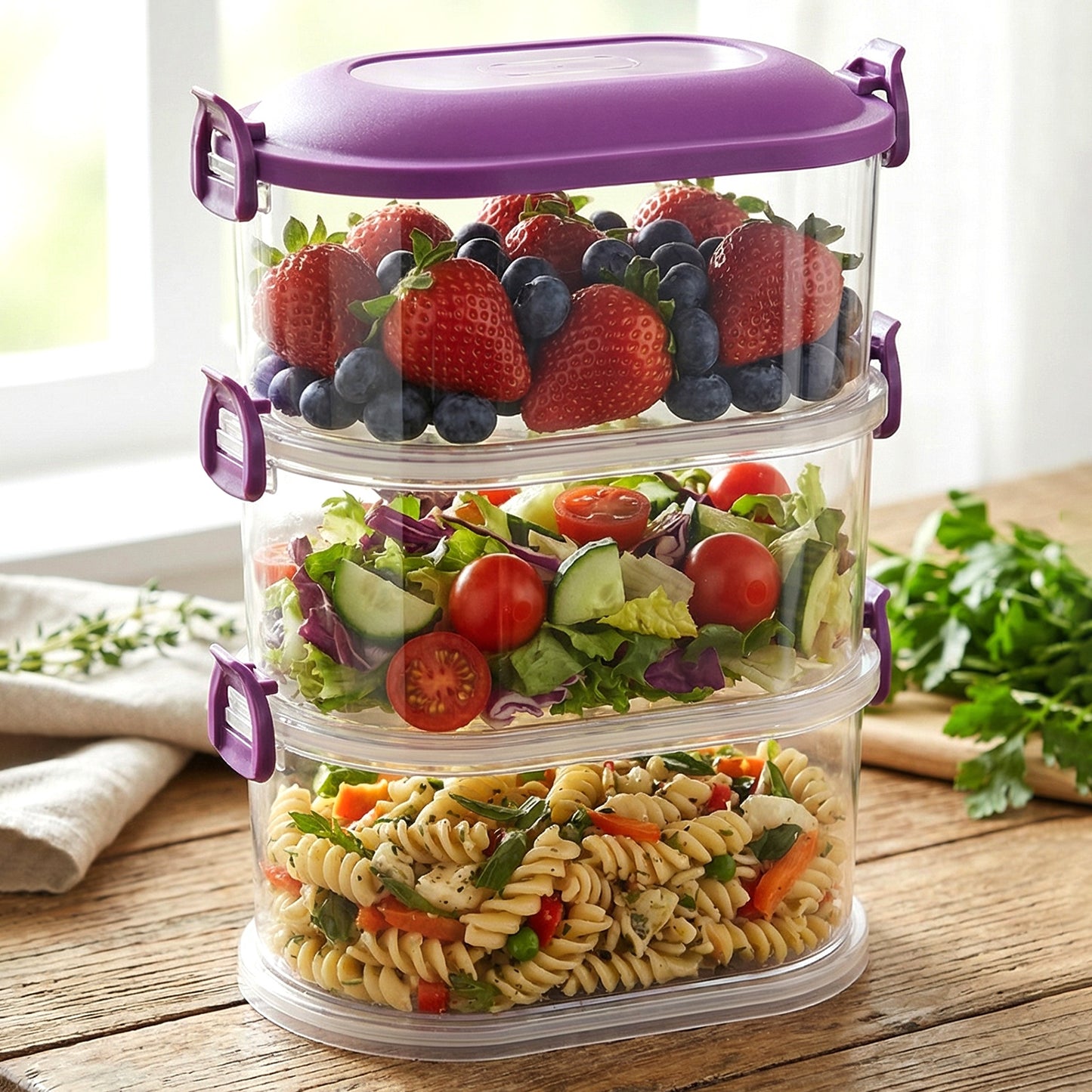 Wukusy 3-layer stackable airtight food storage container set with clear lids for kitchen organization and fresh food preservation.