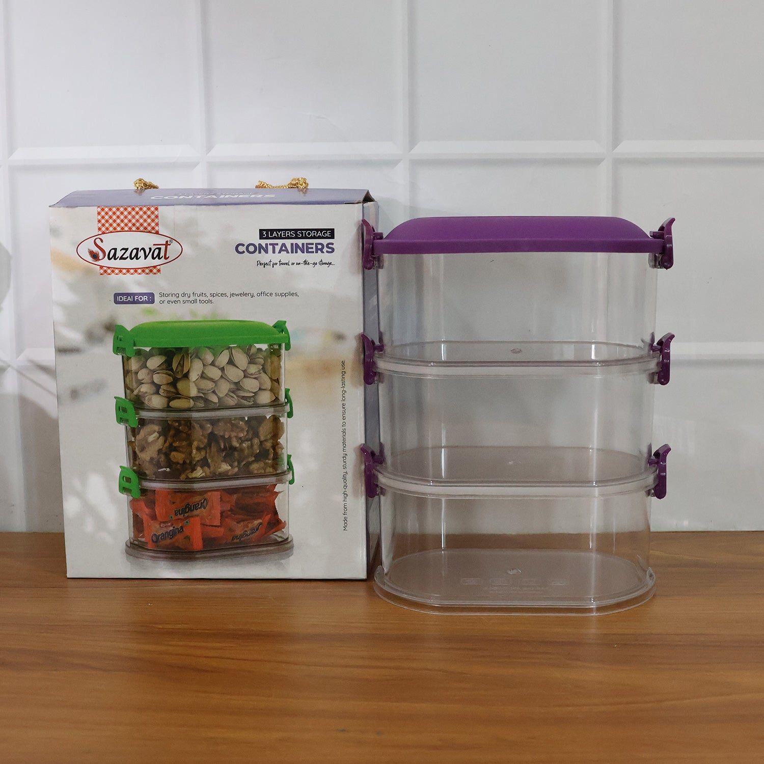 Wukusy 3-layer stackable airtight food storage container set with clear lids and multiple compartments for organized kitchen storage.