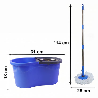 Wukusy 360-degree spin mop set with bucket and 130 cm handle for easy floor cleaning, shown with mop and bucket in use.