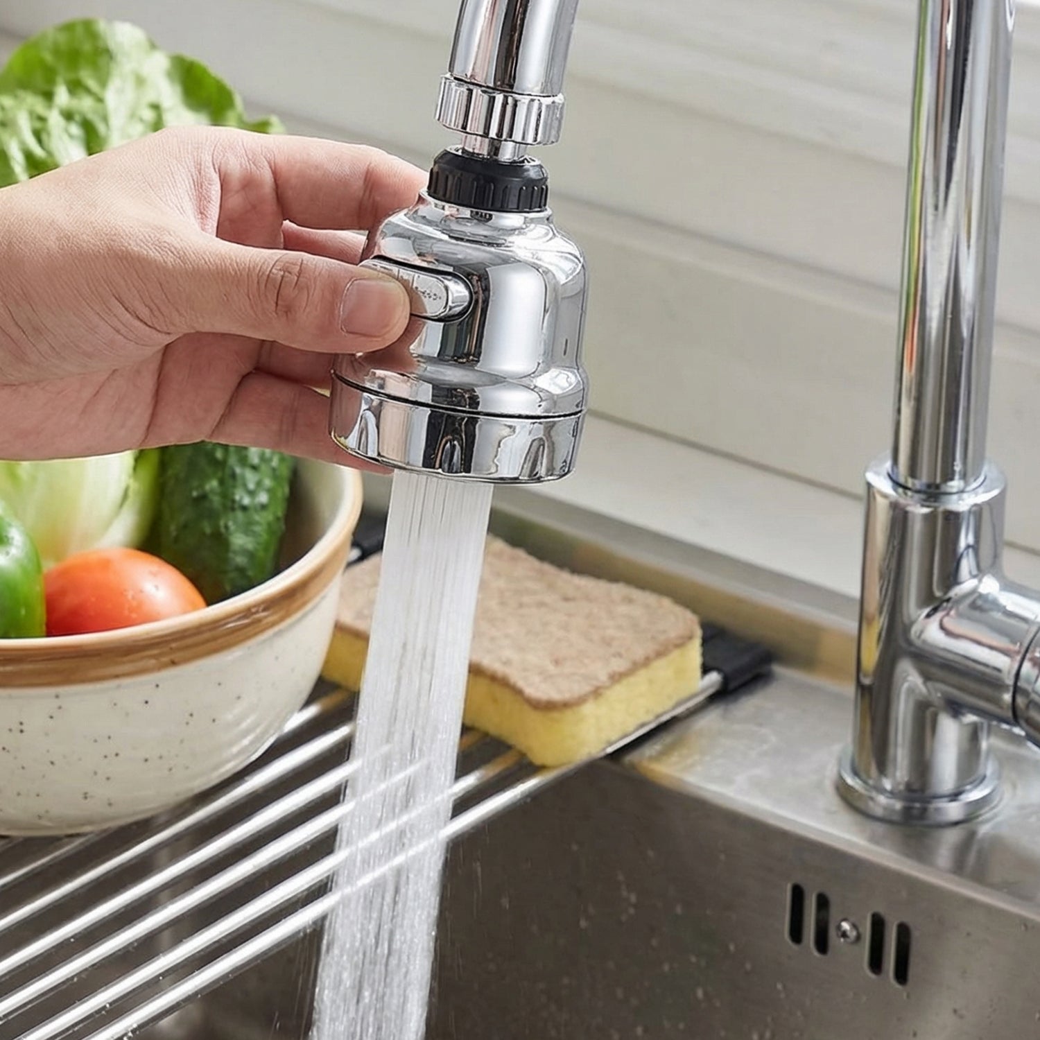 Wukusy 360 rotating kitchen faucet sprayer head, single unit with adjustable spray options, mounted on a kitchen sink faucet.