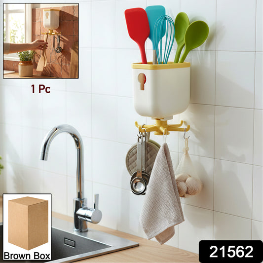 Wukusy 360 rotating heavy-duty sticky wall hook for versatile storage, showing the hook attached to a wall with items hanging.