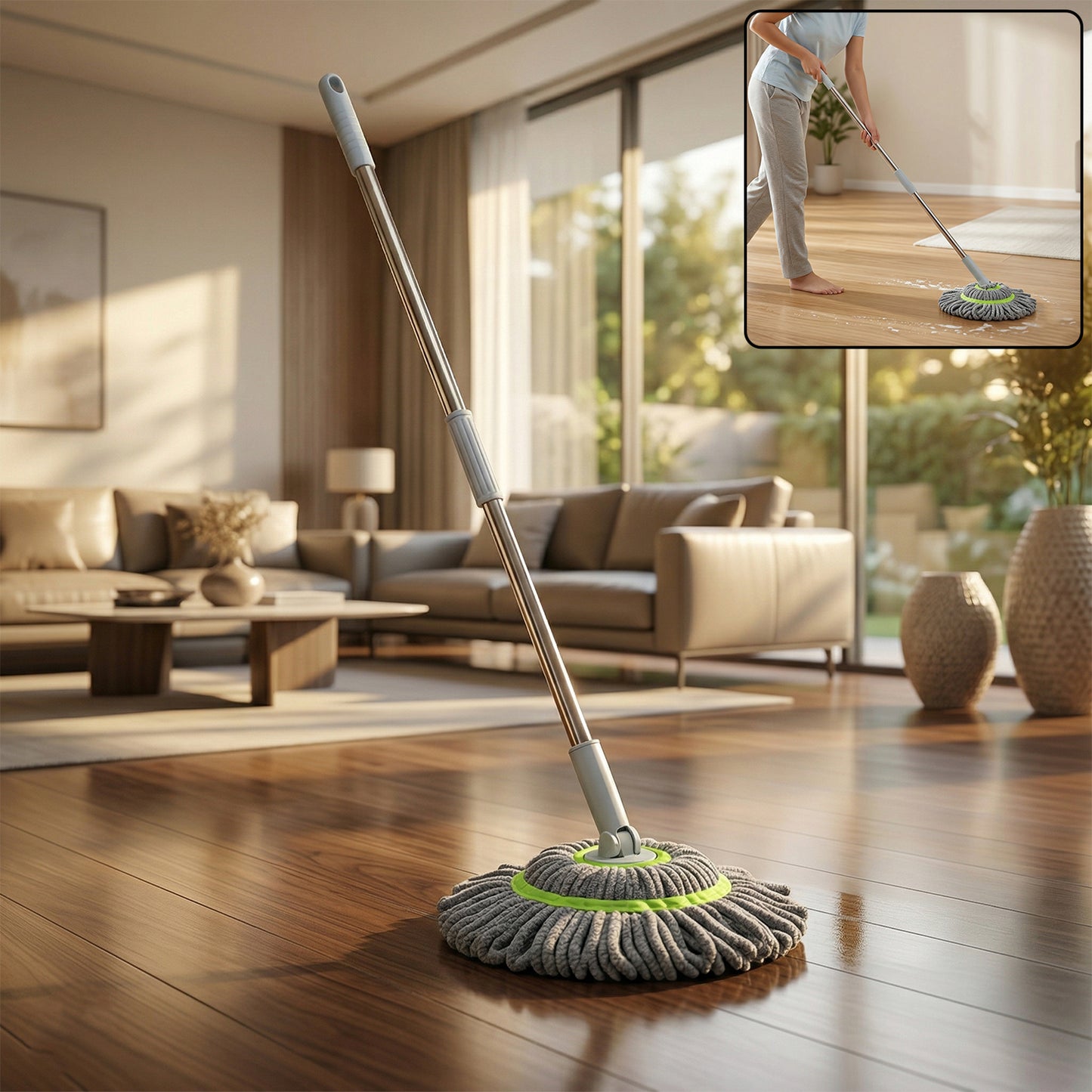 Wukusy 360 Spin Mop for floor cleaning, featuring a rotating head and ergonomic handle for easy mopping.
